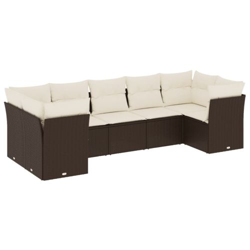 Градински комплект с възглавници, 7 части, кафяв, полиратан
