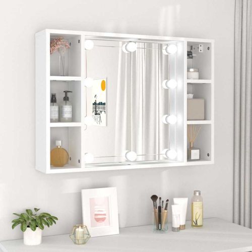 Огледален шкаф с LED, бял, 76x15x55 см
