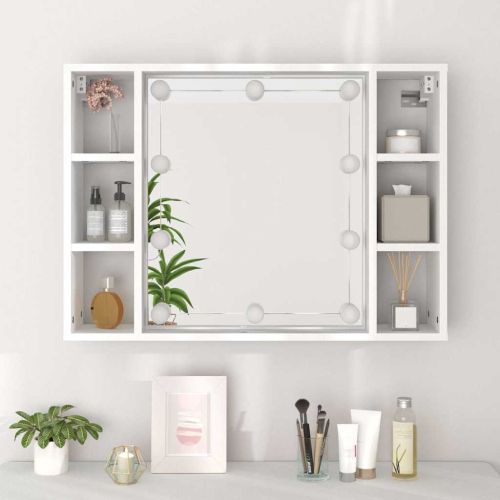Огледален шкаф с LED, бял, 76x15x55 см