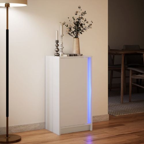 Сайдборд с LED, бял, 42,5x34x85 см, инженерно дърво
