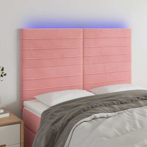 LED горна табла за легло, розова, 144x5x118/128 см, кадифе