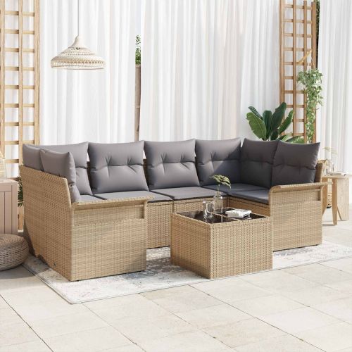 Градински Софа Комплект 7 pcs 6-Seater Бежово и сиво полиратан
