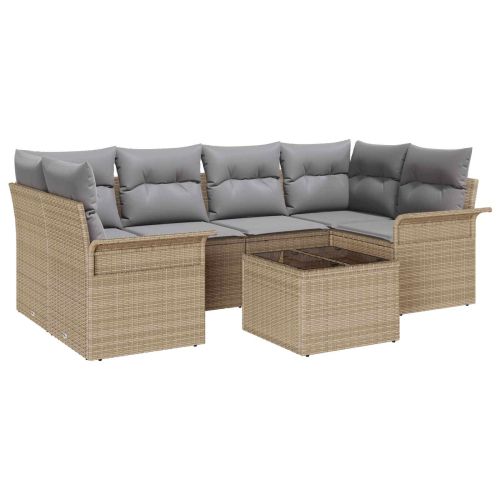 Градински Софа Комплект 7 pcs 6-Seater Бежово и сиво полиратан
