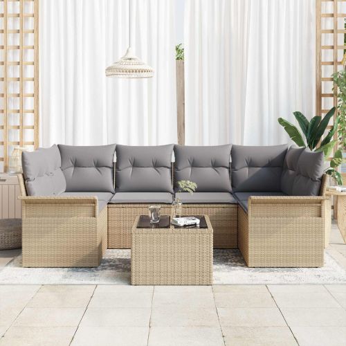 Градински Софа Комплект 7 pcs 6-Seater Бежово и сиво полиратан
