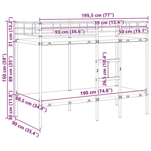 Двуетажно легло без матрак Черно 90x190 cm Стомана