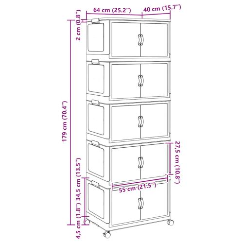 Кутия за съхранение с колела на 5 нива 75 L 64x40x179 cm