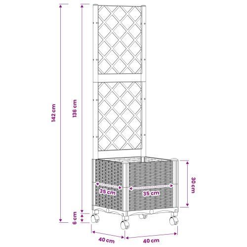 Градински сандък с решетка и колела Светлосиво 40 x 40 x 146 см
