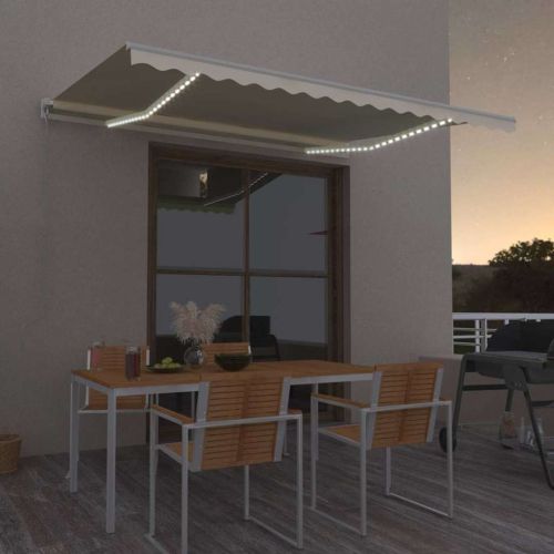 Ръчно прибиращ се сенник с LED, 450x300 см, кремав