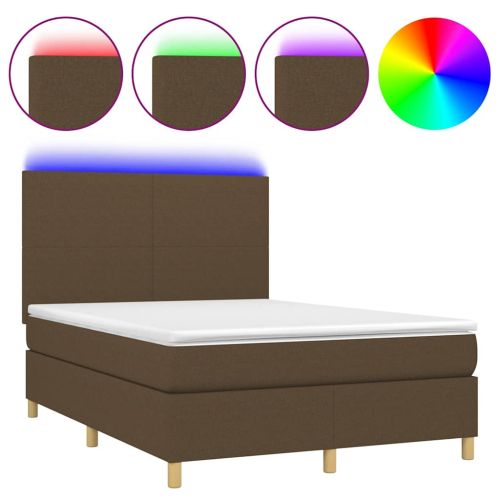 Боксспринг легло с матрак и LED, тъмнокафяво, 140x190 см, плат