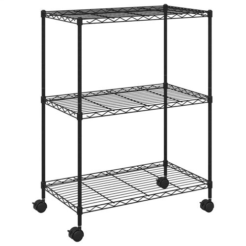 3-етажен стелаж за съхранение с колела 60x35x81 см черен 150 кг