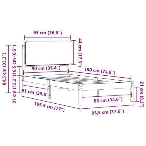 Леглова рамка с тапицирана гръбна част Светлосиво 90 x 190 cm