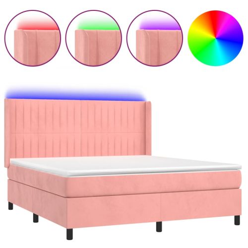 Боксспринг легло с матрак и LED, розово, 180x200 см, кадифе