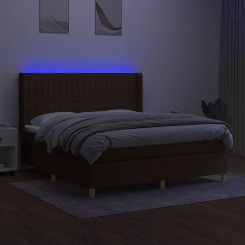 Боксспринг легло с матрак и LED, тъмнокафяво, 160x200 см, плат