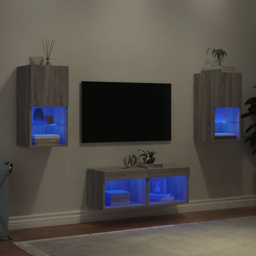 ТВ стенни шкафове, 4 части, с LED светлини, сив сонома