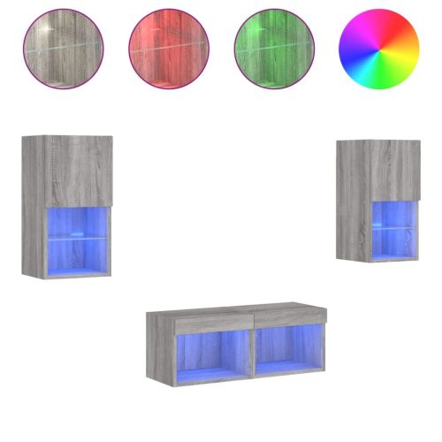 ТВ стенни шкафове, 4 части, с LED светлини, сив сонома
