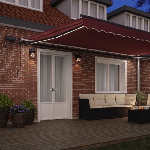 Ръчно прибираща се тента с LED, бордо, 500x300 см