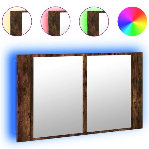 Шкаф с LED огледало за баня, опушен дъб, 80x12x45 см, акрил