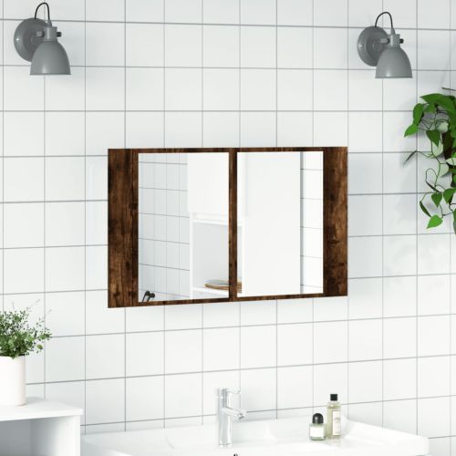 Шкаф с LED огледало за баня, опушен дъб, 80x12x45 см, акрил