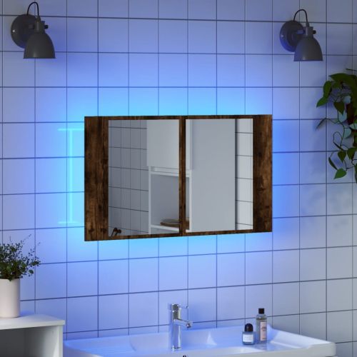 Шкаф с LED огледало за баня, опушен дъб, 80x12x45 см, акрил