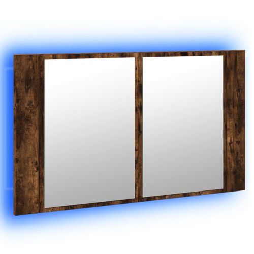 Шкаф с LED огледало за баня, опушен дъб, 80x12x45 см, акрил