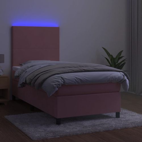 Боксспринг легло с матрак и LED, розово, 90x200 см, кадифе