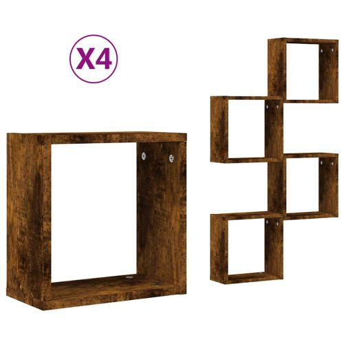 Стенни кубични рафтове 4 бр. опушен дъб 30x15x30 cm
