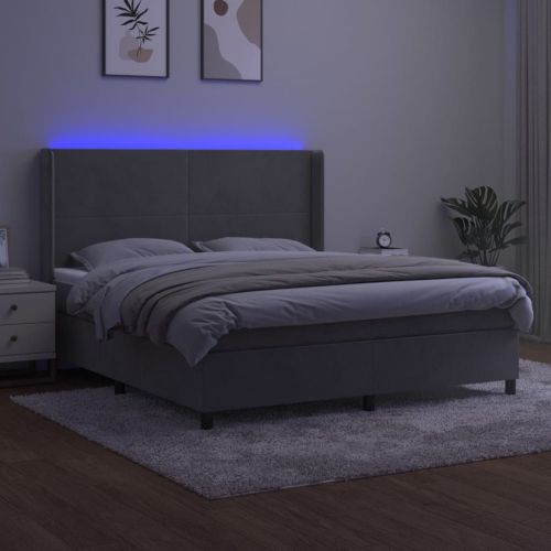 Боксспринг легло с матрак и LED, светлосиво, 180x200 см, кадифе