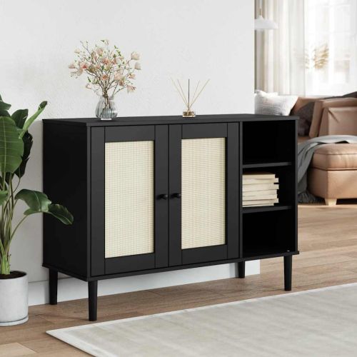 Сайдборд "SENJA" ратанова визия черен 112x40x80 см бор масив