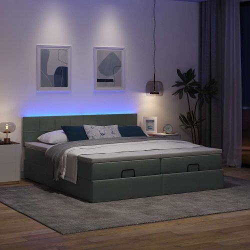 Османска легло с матрак и LED, тъмносиво, 200x200 см, плат