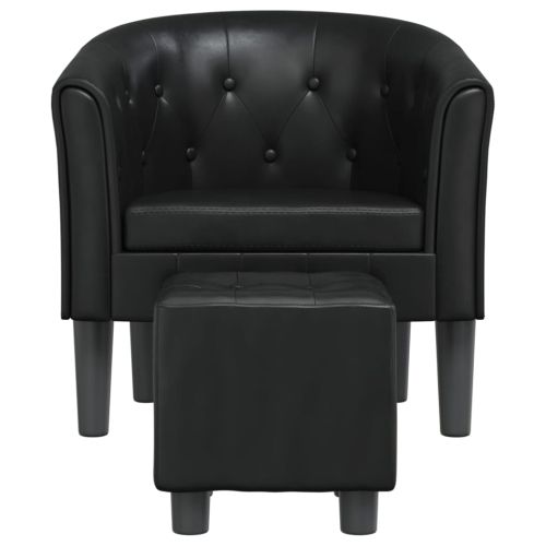 Объл фотьойл с табуретка за крака, черен, изкуствена кожа