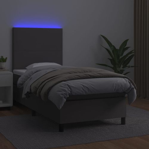 Боксспринг легло с матрак и LED сиво 90x190 см изкуствена кожа