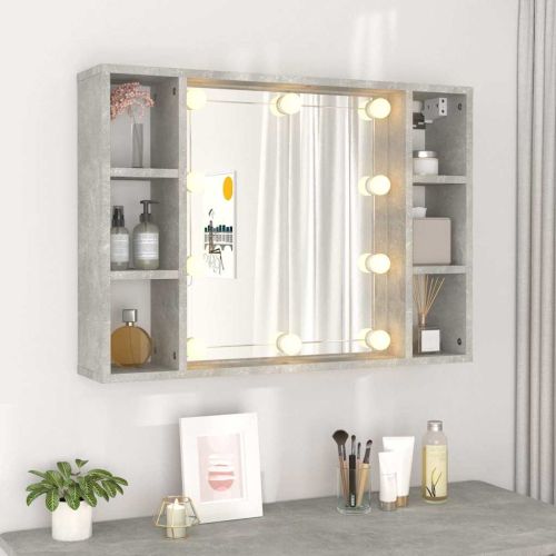 Огледален шкаф с LED, бетонно сив, 76x15x55 см