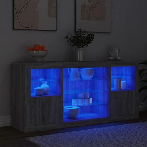 Сайдборд с LED светлини, сив сонома, 142,5x37x67 см