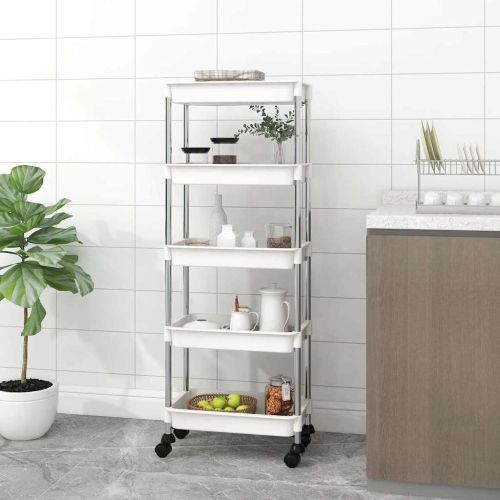 Кухненска количка на 5 нива, бяла, 42x29x128 см, желязо и ABS