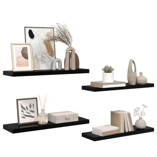Окачени стенни рафтове, 4 бр, черен гланц, 80x23,5x3,8 см, МДФ