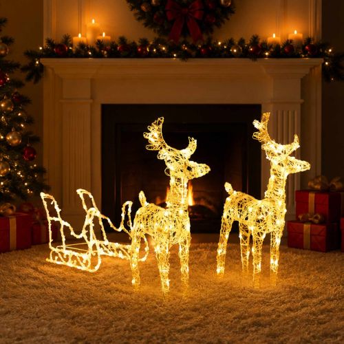 Коледна украса елени с шейна, 160 LED, 130 см, акрил