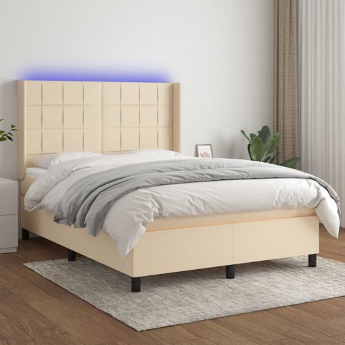 Боксспринг легло с матрак и LED, кремаво, 140x200 см, плат