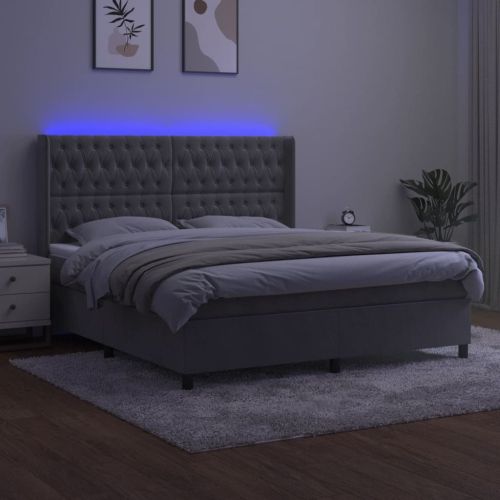 Боксспринг легло с матрак и LED, светлосиво, 180x200 см, кадифе