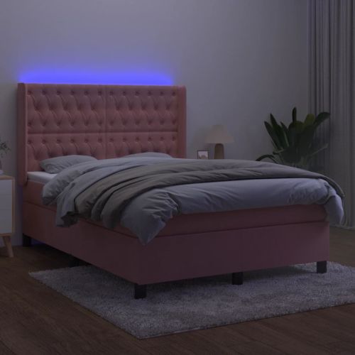 Боксспринг легло с матрак и LED, розово, 140x190 см, кадифе
