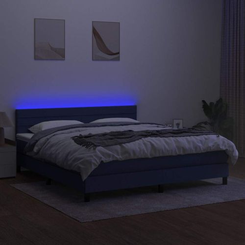 Боксспринг легло с матрак и LED, синьо, 160x200 см, плат