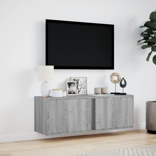 Стенен ТВ шкаф с LED осветление, сив сонома, 100x31x35 см