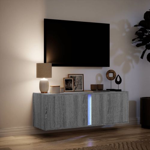 Стенен ТВ шкаф с LED осветление, сив сонома, 100x31x35 см