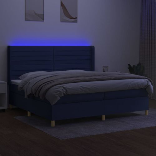 Боксспринг легло с матрак и LED, синя, 200x200 см, плат