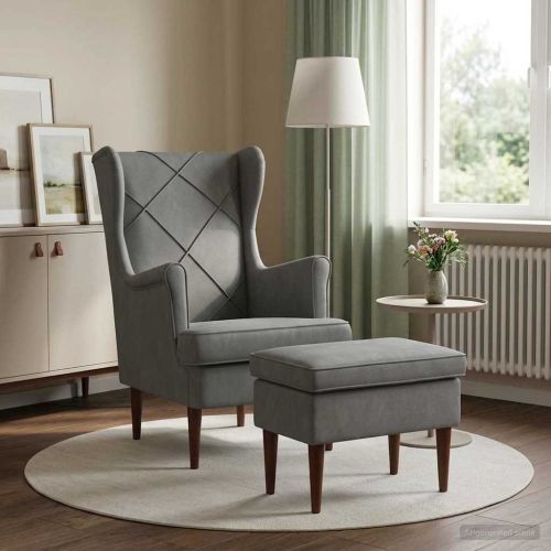 Кресло с табуретка 2 бр. Тъмносиво Кадифе