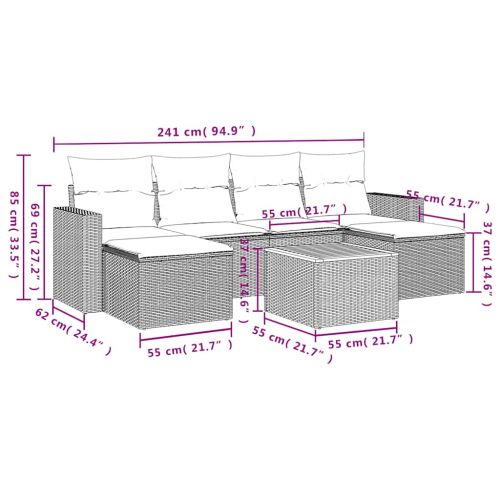 Градински комплект дивани с възглавници, 7 части, сив, полиратан