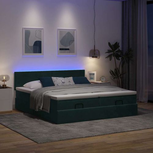 Османска легло с матраци и LED, тъмнозелено, 180x200 см, кадифе
