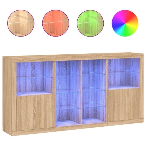 Сайдборд с LED светлини, сонома дъб, 202x37x100 см