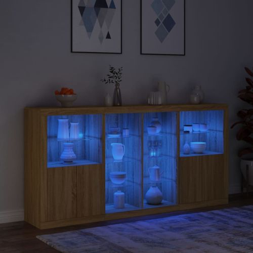 Сайдборд с LED светлини, сонома дъб, 202x37x100 см