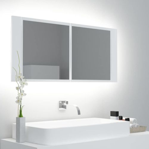 Шкаф с LED огледало за баня, бял, 100x12x45 см, акрил