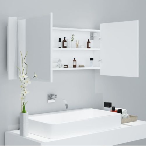 Шкаф с LED огледало за баня, бял, 100x12x45 см, акрил